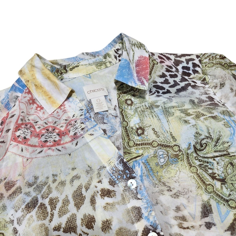Chico's Button Up Shirt Womens 0 Small Multicolor Paisley Animal Print Cotton